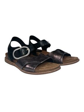 Sofft Bayo Metallic and Black Leather Ankle Strap Sandal with Buckle Size 7.5